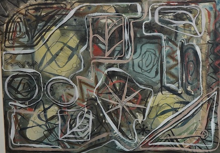 C. Wollaston, 'Chambers of the mind', signed, James Bourlet & Sons labels verso to include RBA winter 1953, watercolour and mixed media, 27 x 38cm